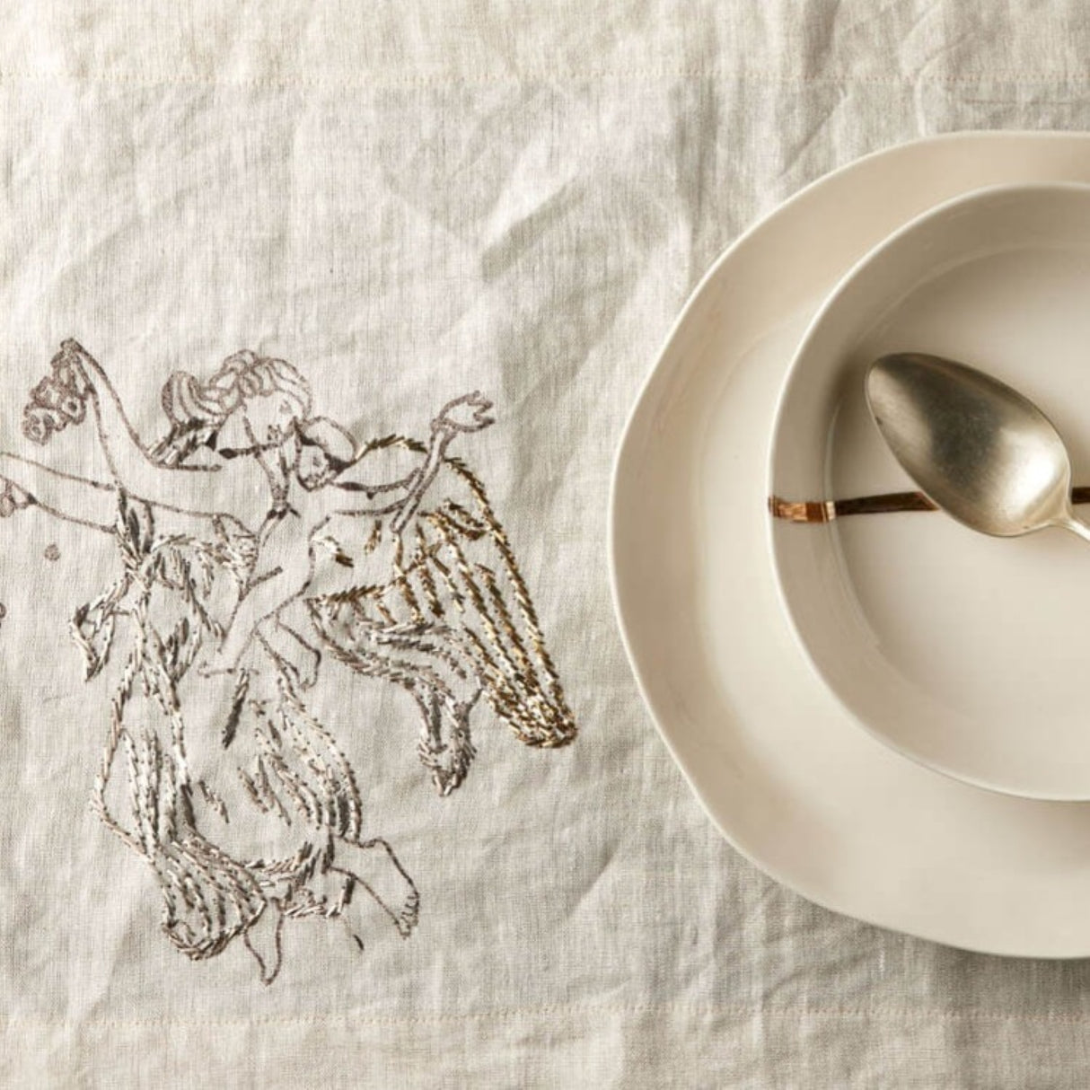 Relief "Mother" Hand Embroidered Linen Napkin Set Of Two – Elegant Table Linen Décor for Stylish Tables