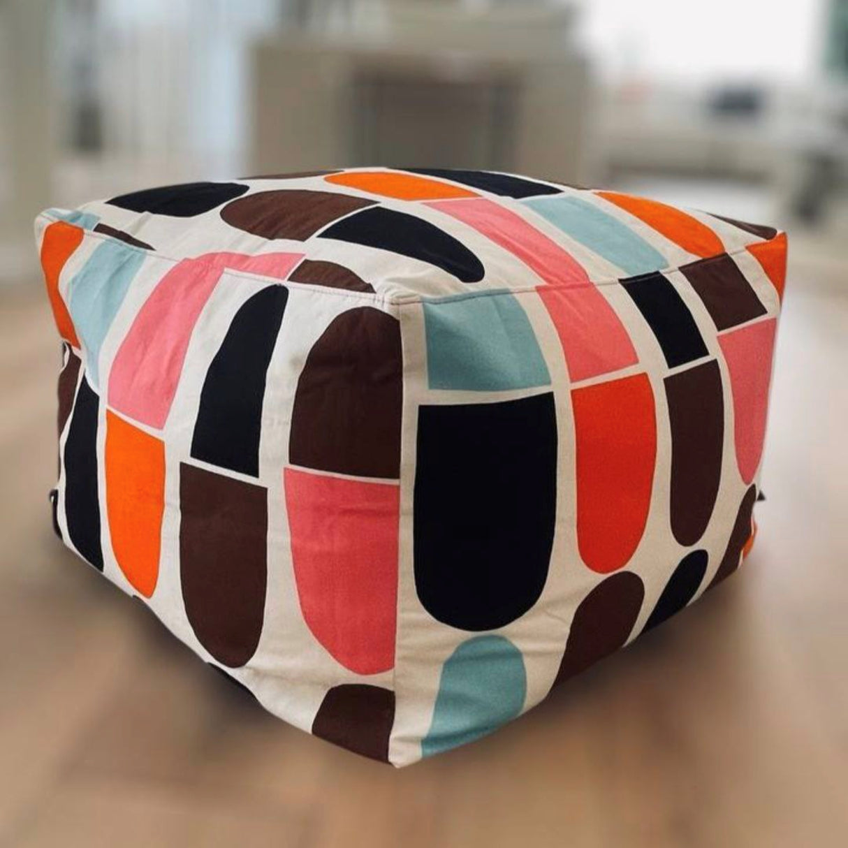 Capsula Pouf – Handmade Ottoman Seat with Marimekko Fabric Geometric Pattern