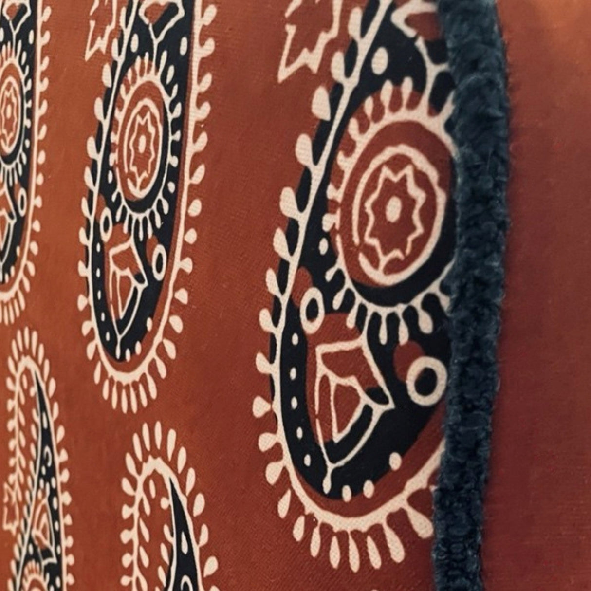 Braxely Red Headboard – Terracotta Polyester Upholstered Headboard with Navy Paisley Pattern and Navy Piping