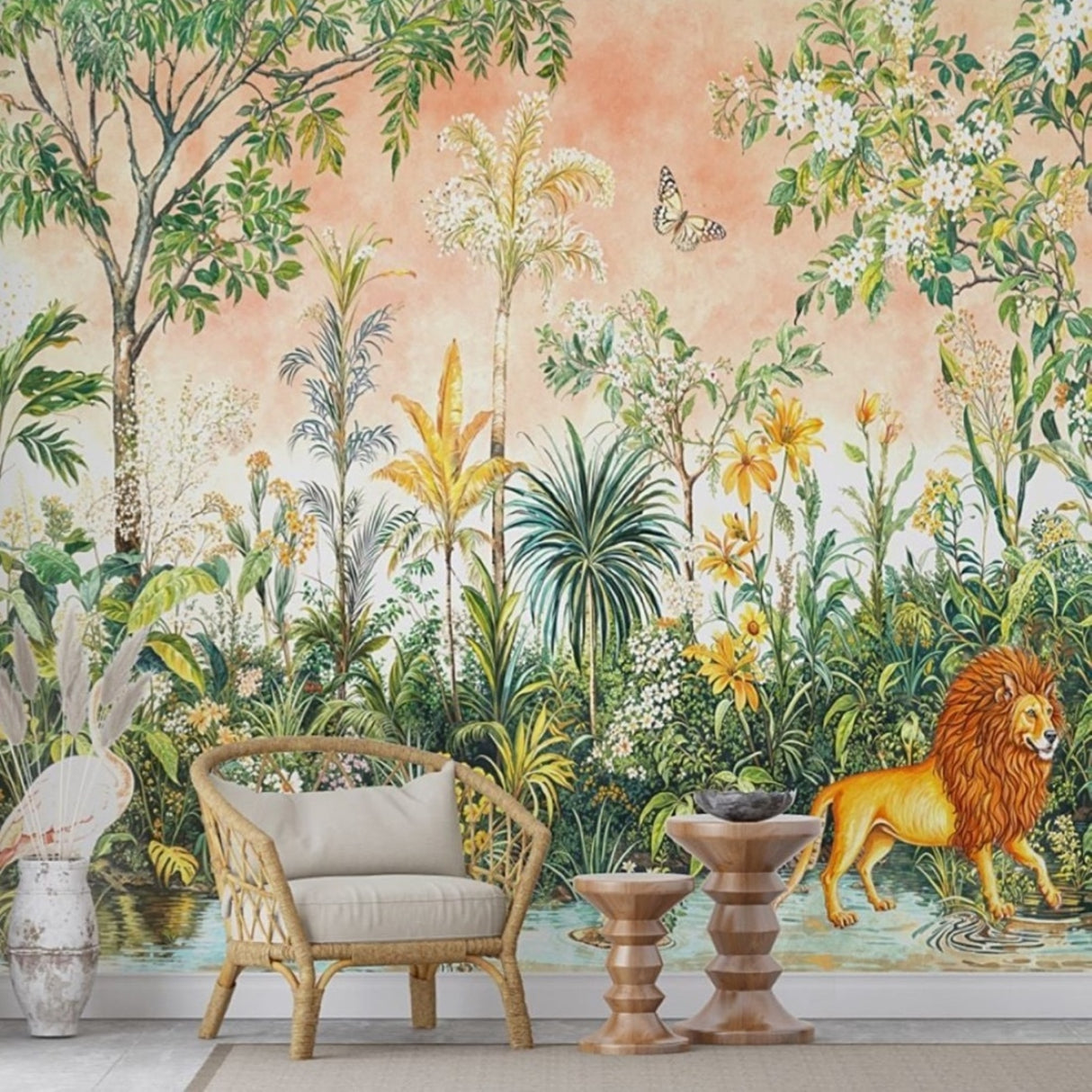 Papel pintado Golden Safari Garden: Mural artístico de jungla para interiores elegantes y eclécticos