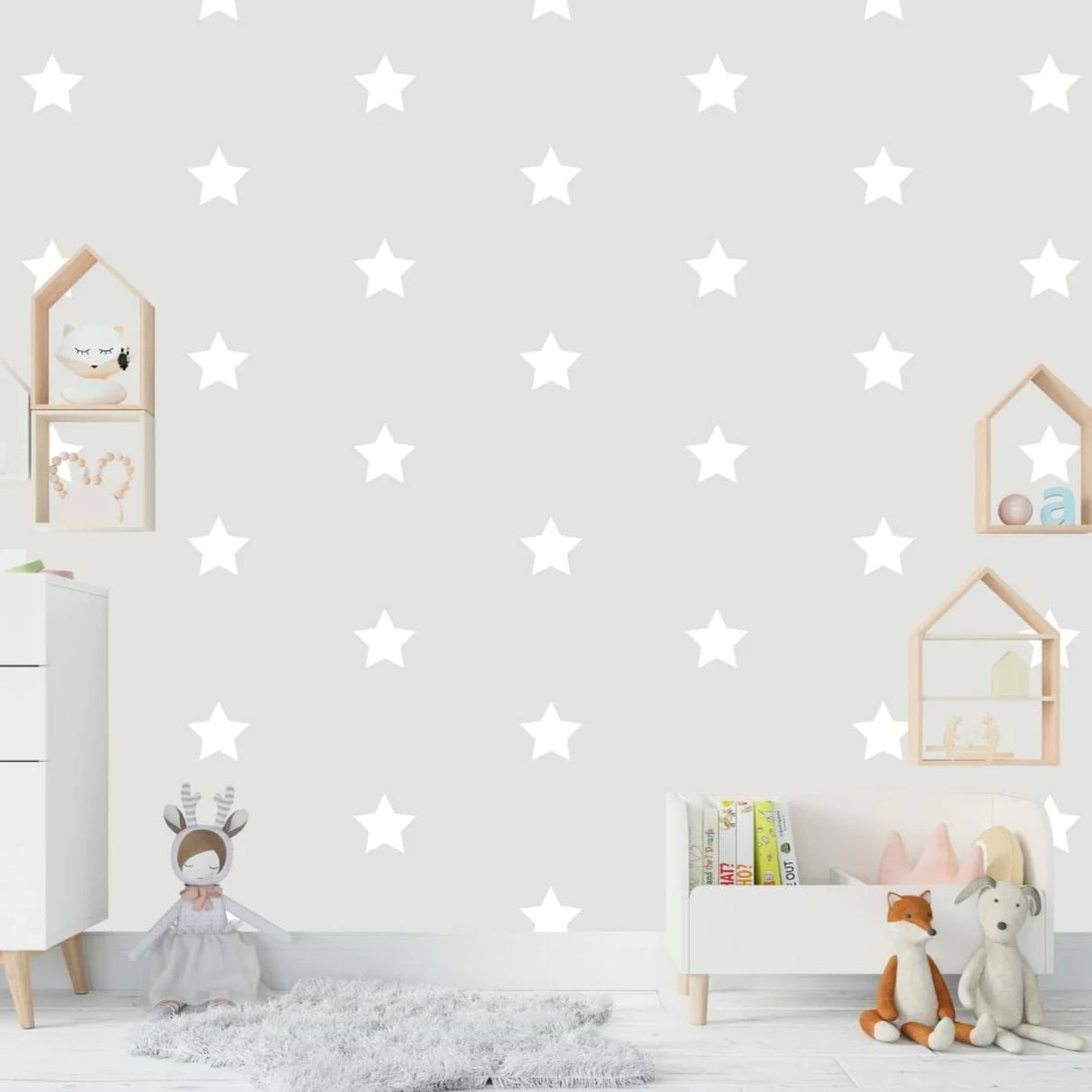 Papel pintado minimalista infantil de estrellas grises: decoración de pared moderna de inspiración celestial