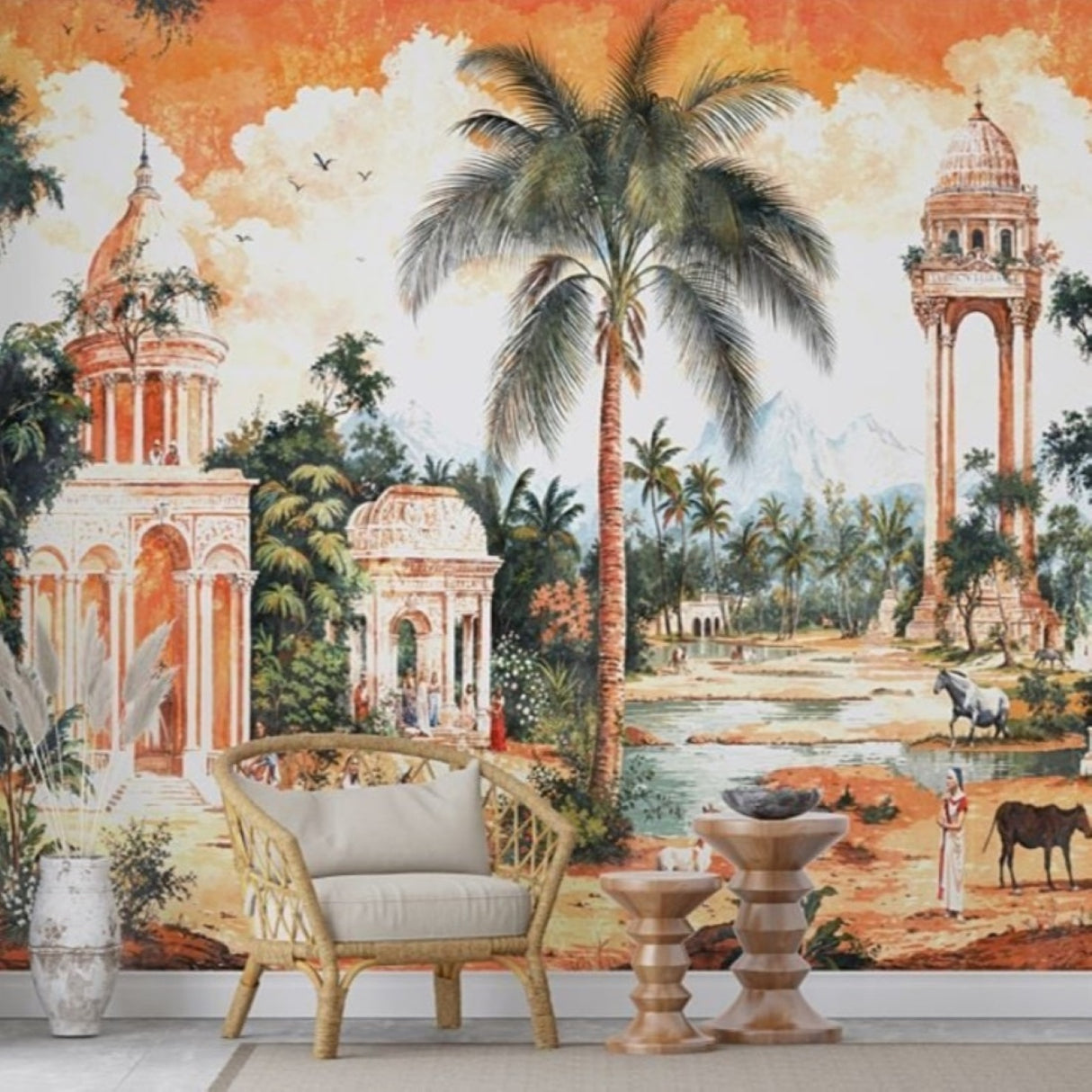 Golden Palaces & Palm Trees Wallpaper – Artistic Heritage Mural for Elegant Interiors
