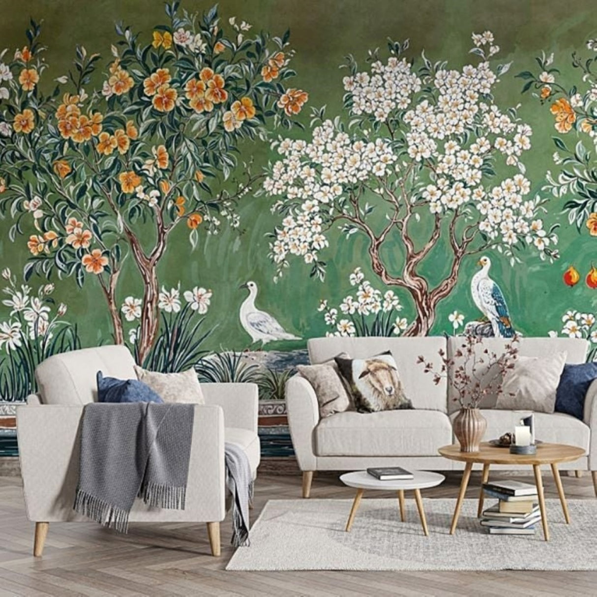 Verdant Garden Chinoiserie Wallpaper – Available in Printed and Embossed Versions for Elegant Interiors