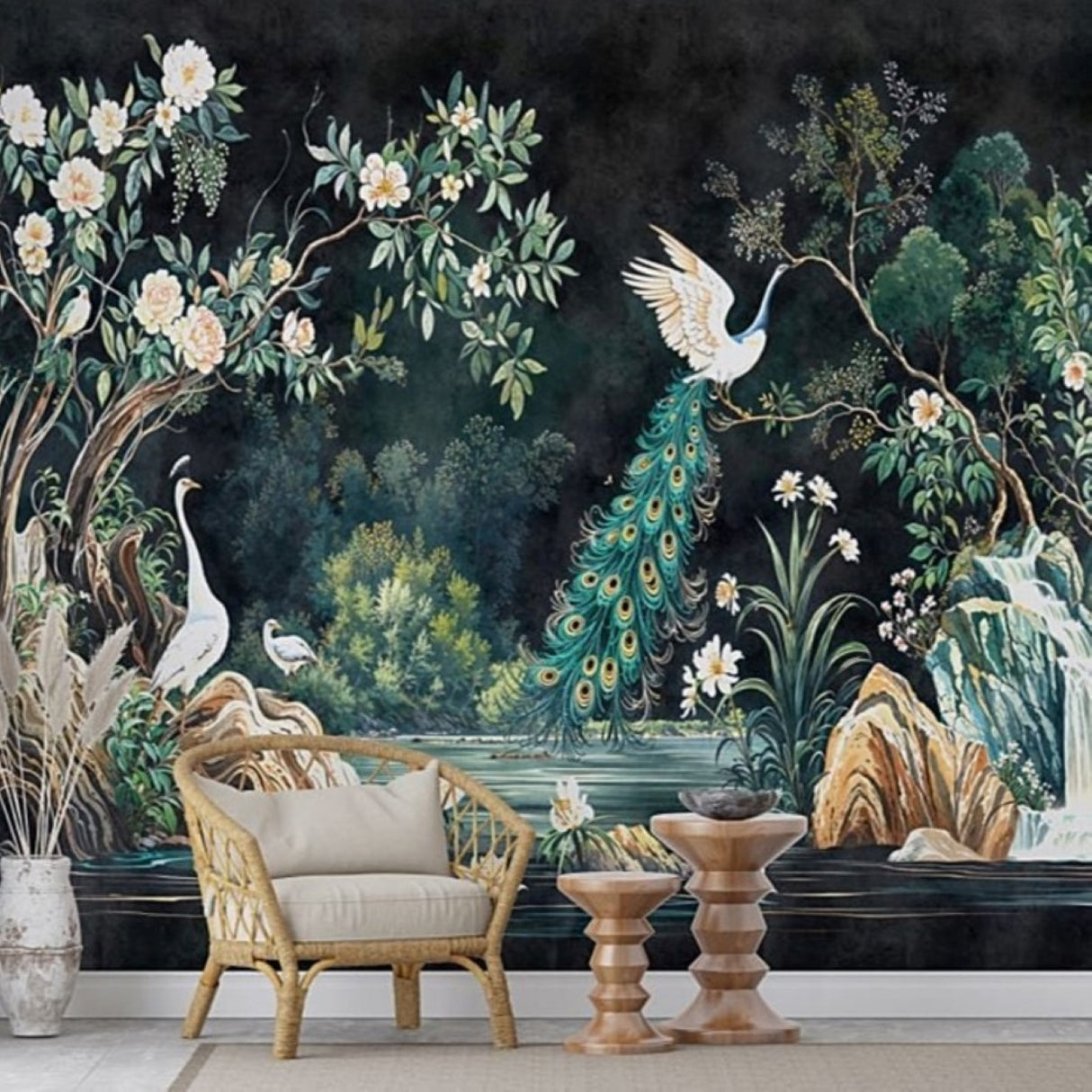 Nocturne Peacock Chinoiserie Wallpaper – Available in Printed and Embossed Versions for Elegant Interiors