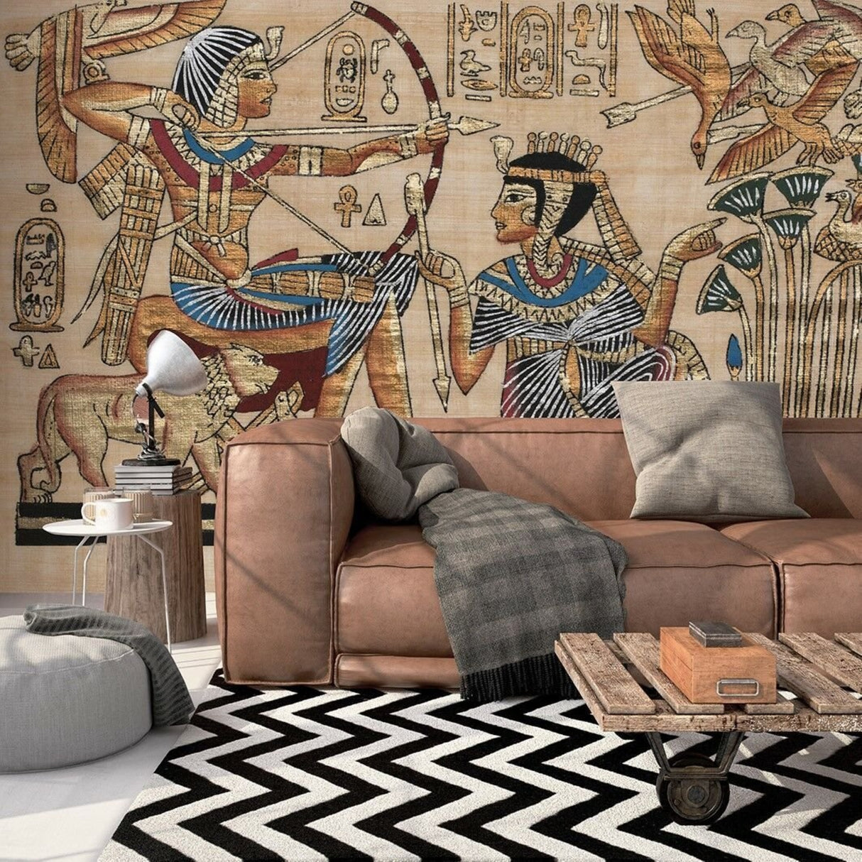 Egyptian Symbols on Papyrus Texture Wallpaper – Ancient Art Mural for Timeless, Cultural Interiors