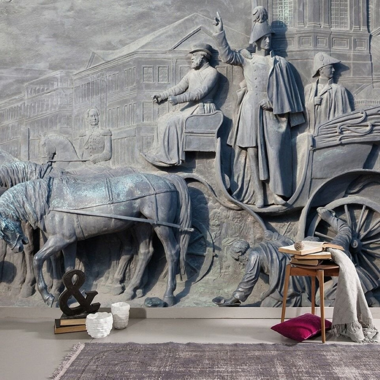 Mounted King In Riot Scene Wallpaper – Historic Bas-Relief Mural for Timeless Interiors