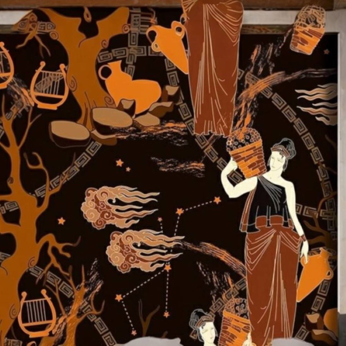 Ancient Greek Women & Lyre Wallpaper – Mythological Harmony Mural for Artistic Interiors Description: