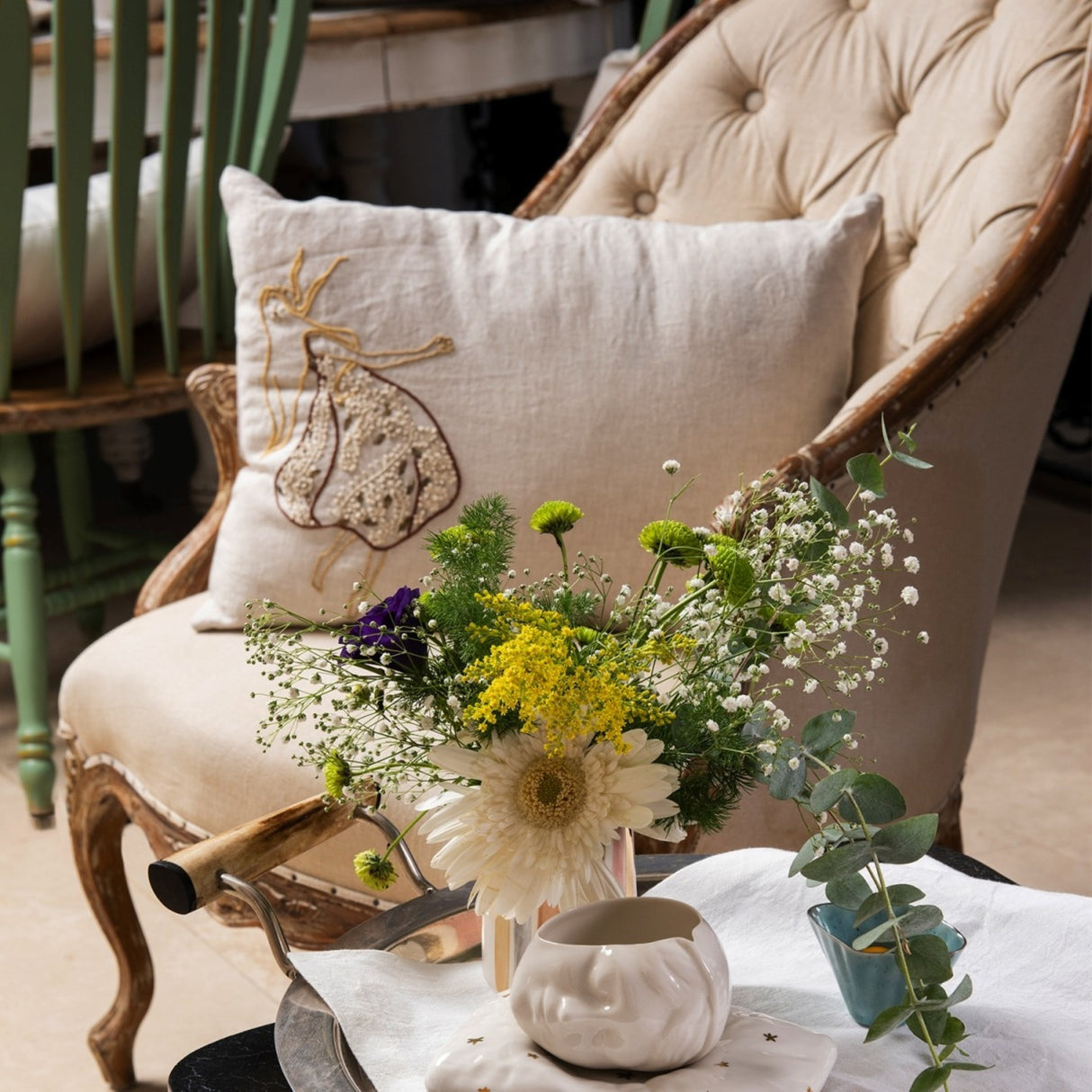 Sufi Beige Hand Embroidered Linen Cushion – Elegant Home Décor Accent for Stylish Interiors