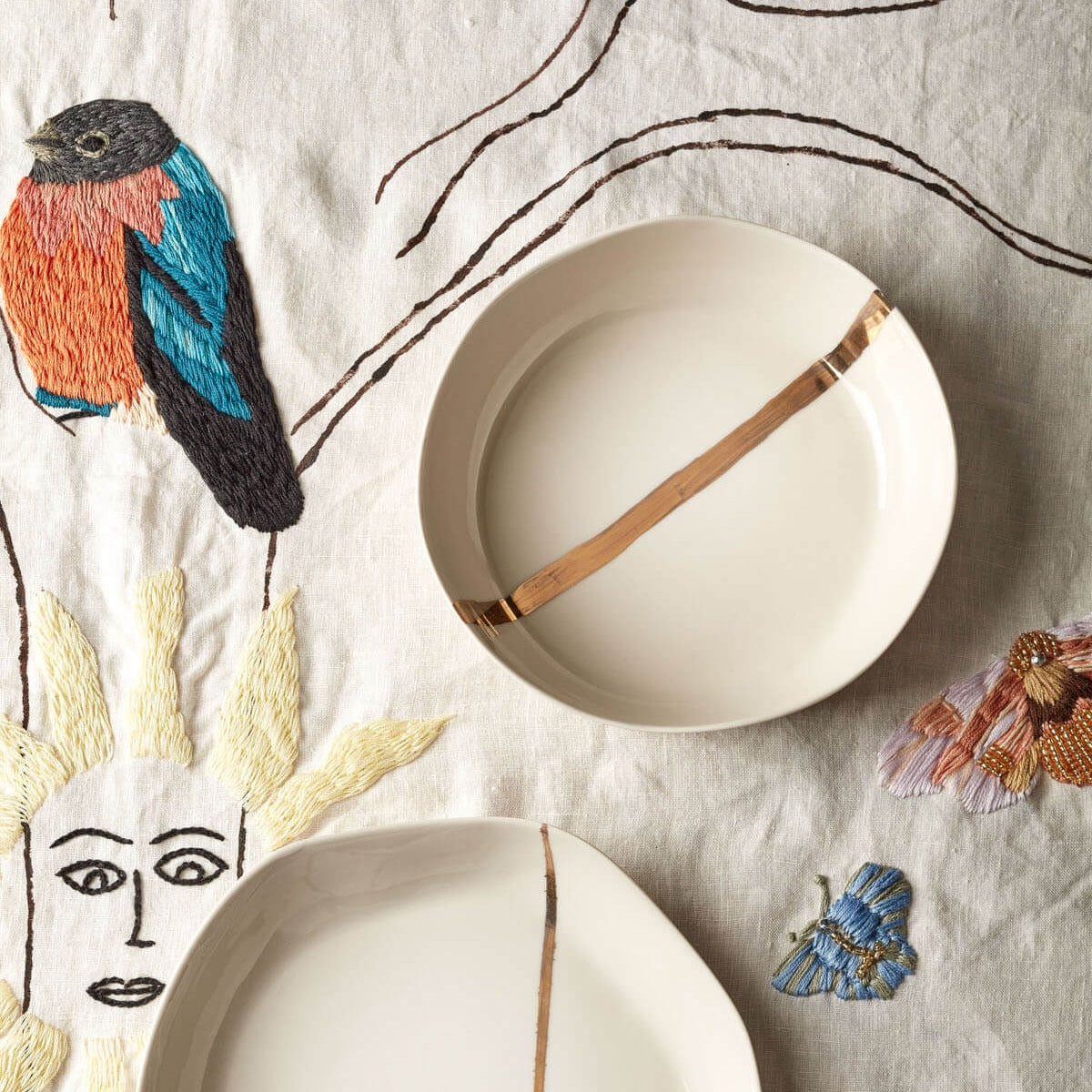 Enchanted Forest - Olive Tree Hand-Painted & Embroidered White Linen Tablecloth – Artistic Elegance for Sophisticated Dining