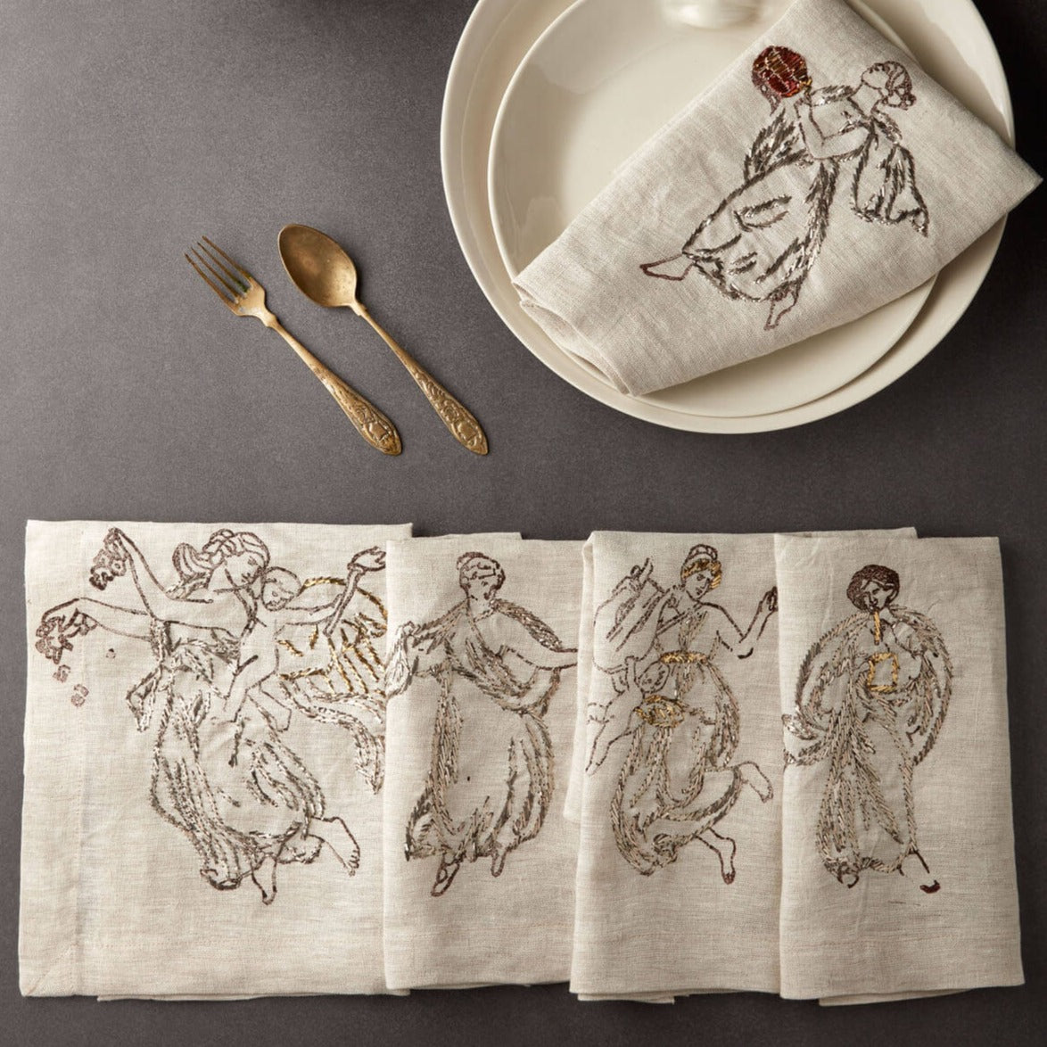 Relief "Dancer" Hand Embroidered Linen Napkin Set Of Two – Elegant Table Linen Décor for Stylish Tables