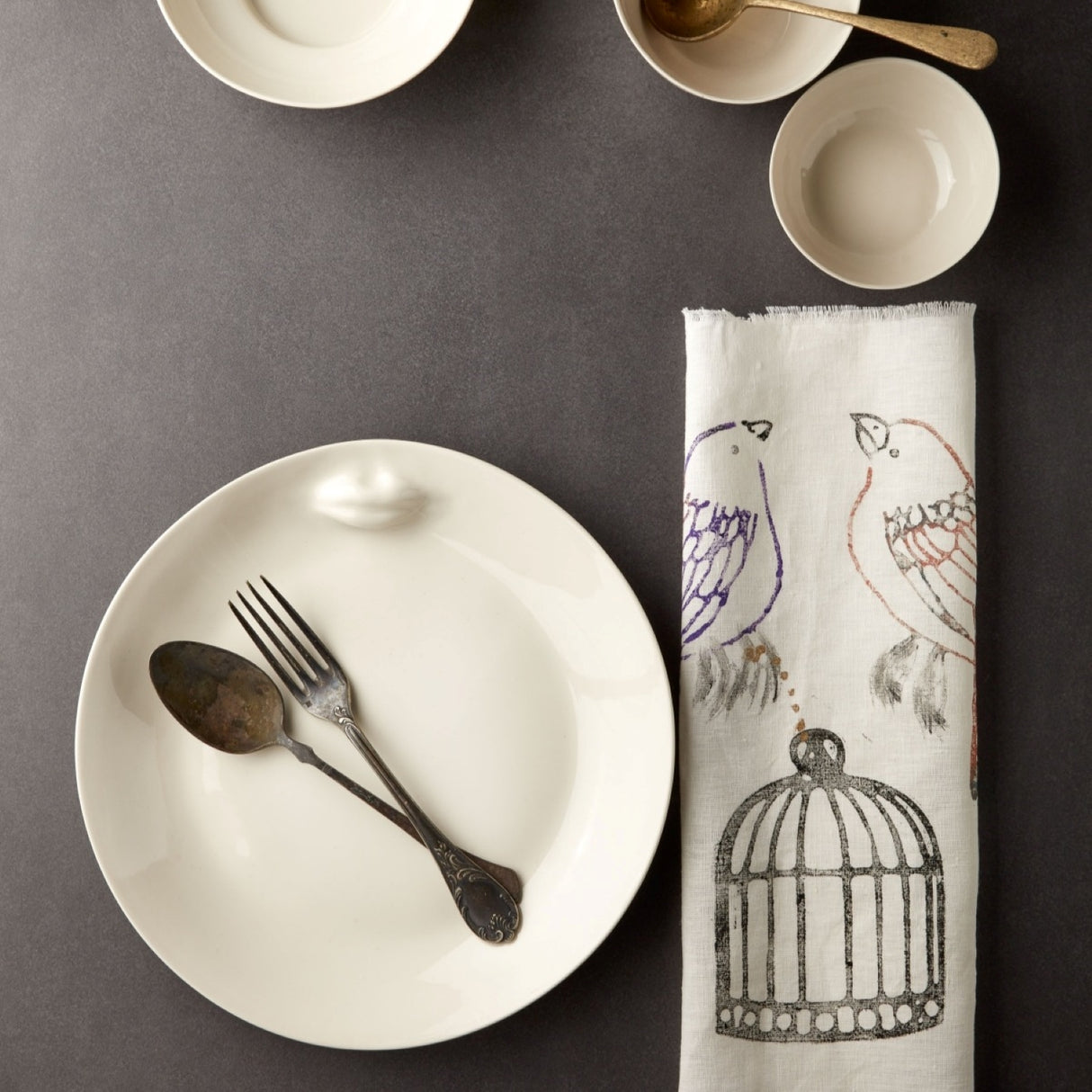 Enchanted Forest, Mua Mua Birds Hand Embroidered Linen Napkin Set Of Two – Elegant Table Linen Décor for Stylish Tables
