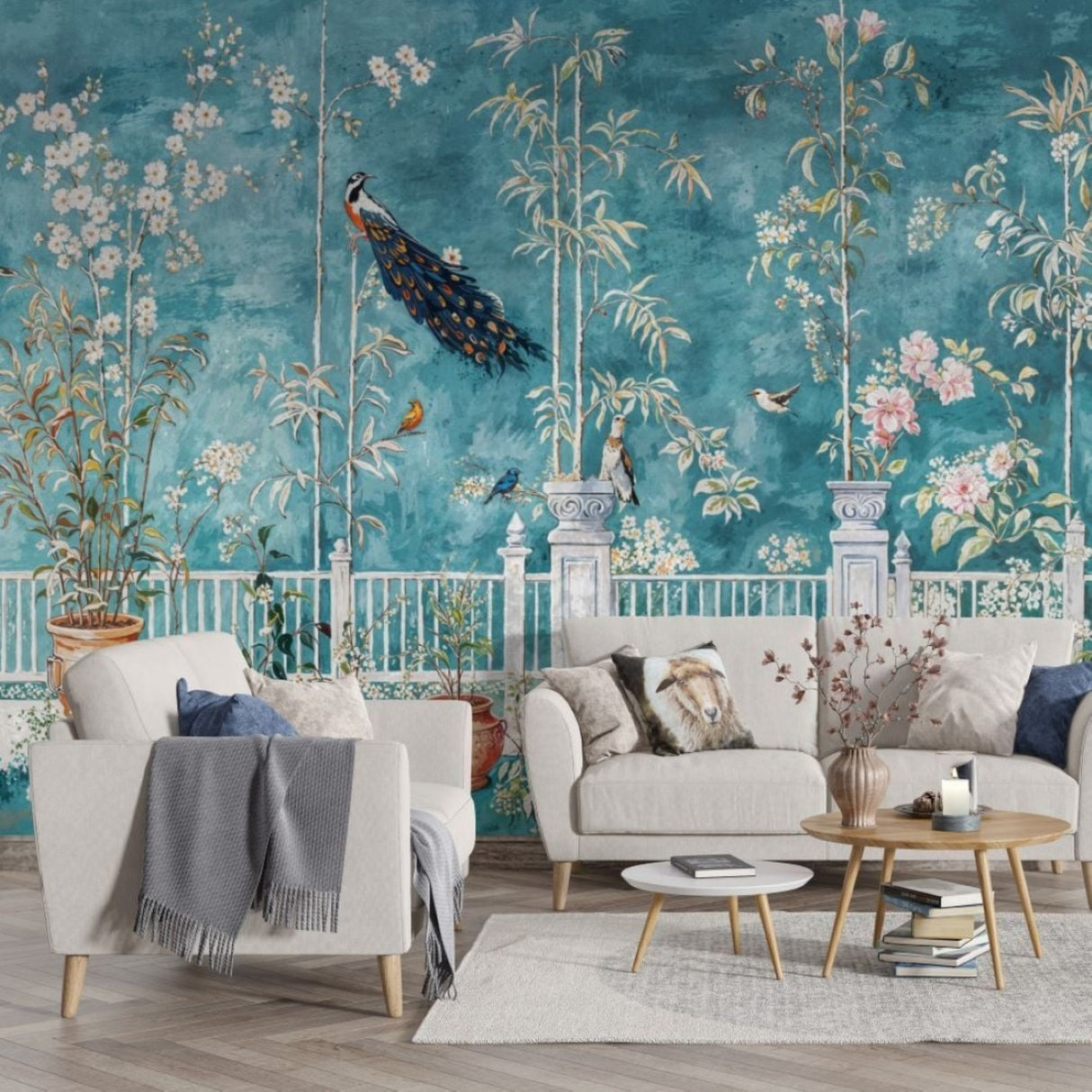 Turquoise Peacock Garden Chinoiserie Wallpaper – Available in Printed and Embossed Versions for Elegant Interiors