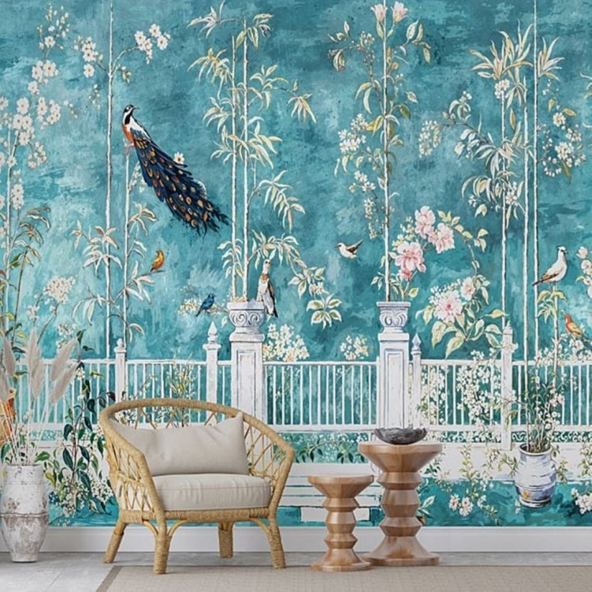 Turquoise Peacock Garden Chinoiserie Wallpaper – Available in Printed and Embossed Versions for Elegant Interiors