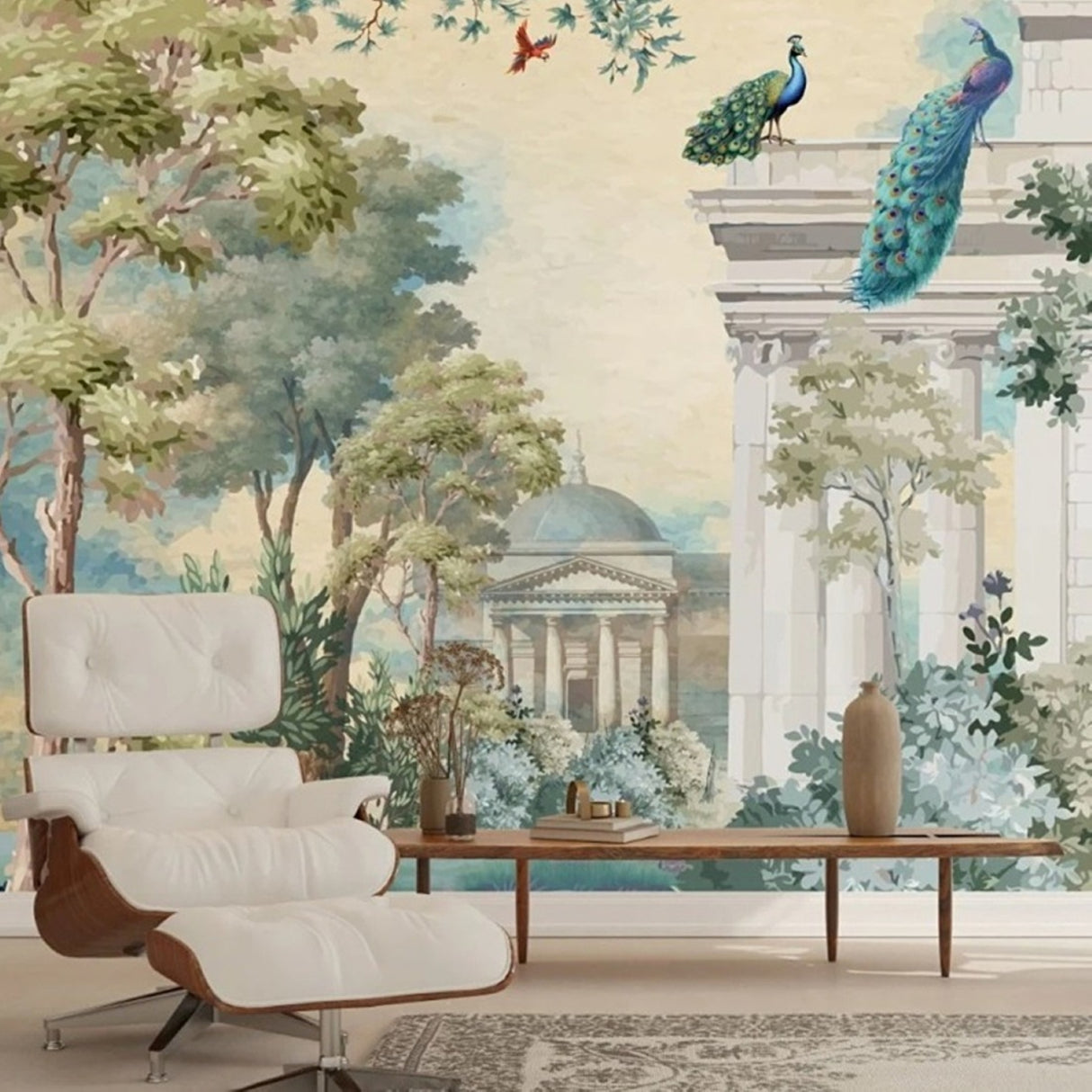 Neoclassical Garden Mural Wallpaper – Available in Printed and Embossed Versions for Elegant Interiors
