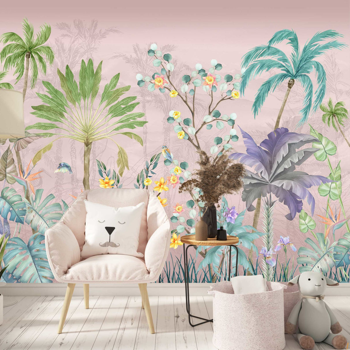 Pink Cotton Flowers & Tropical Trees Wallpaper, Pink Background - Soft Pastel Nature-Inspired Wall Décor