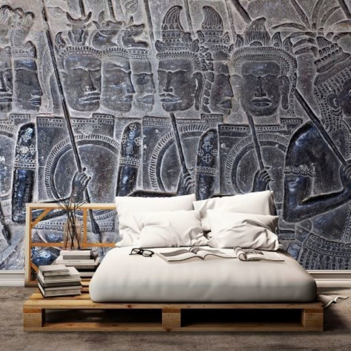 Angkor Wat Temple Warriors Wallpaper – Vintage Stone Carving Art Mural for Timeless Interiors