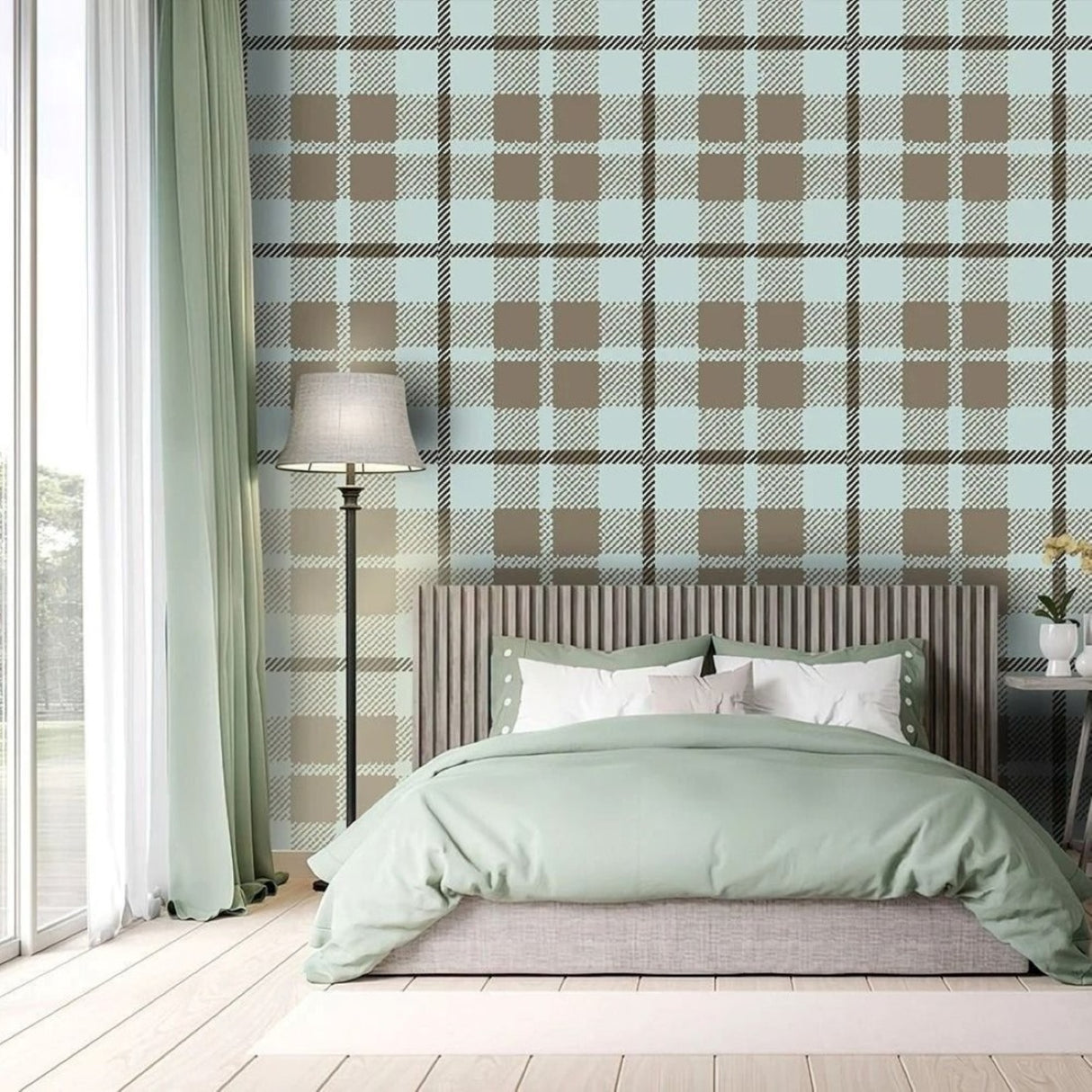 Vintage Mint & Charcoal Plaid Wallpaper – Classic Checkered Design for Cozy Interiors