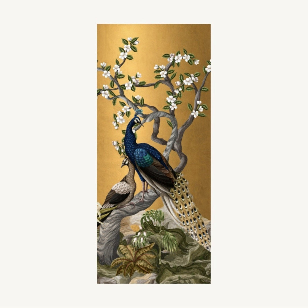 Golden Peacocks - Chinoiserie Luxury Frameless 3D Embossed Wallpaper Art Panel
