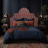 Braxely Red Headboard – Terracotta Polyester Upholstered Headboard with Navy Paisley Pattern and Navy Piping