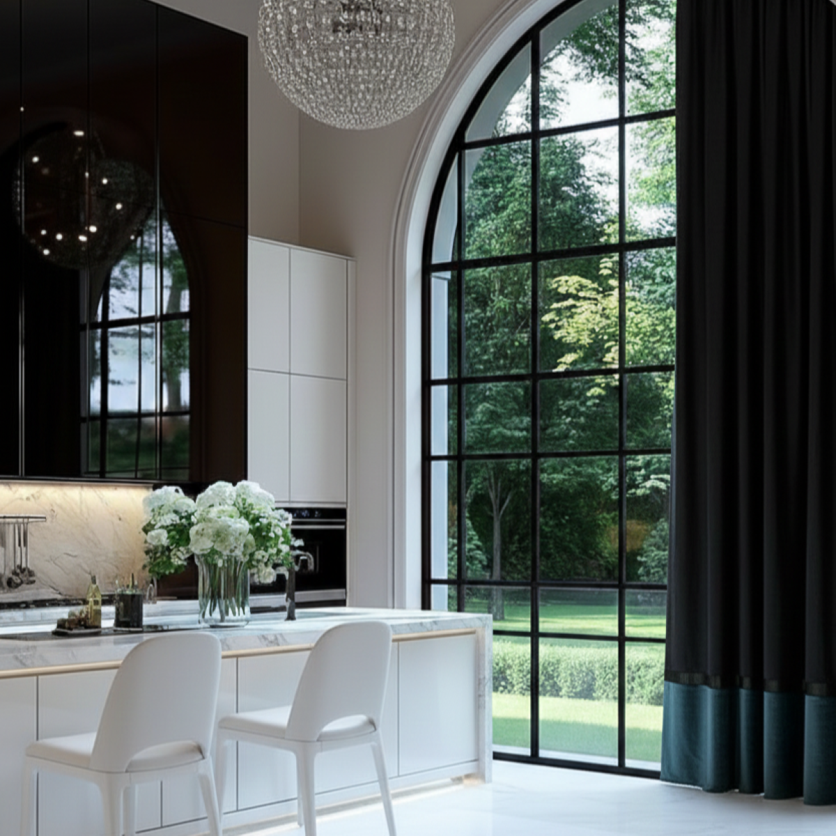 Theo – Cortina de terciopelo negro y verde petróleo con detalle de borde lineal – Para interiores modernos y lujosos