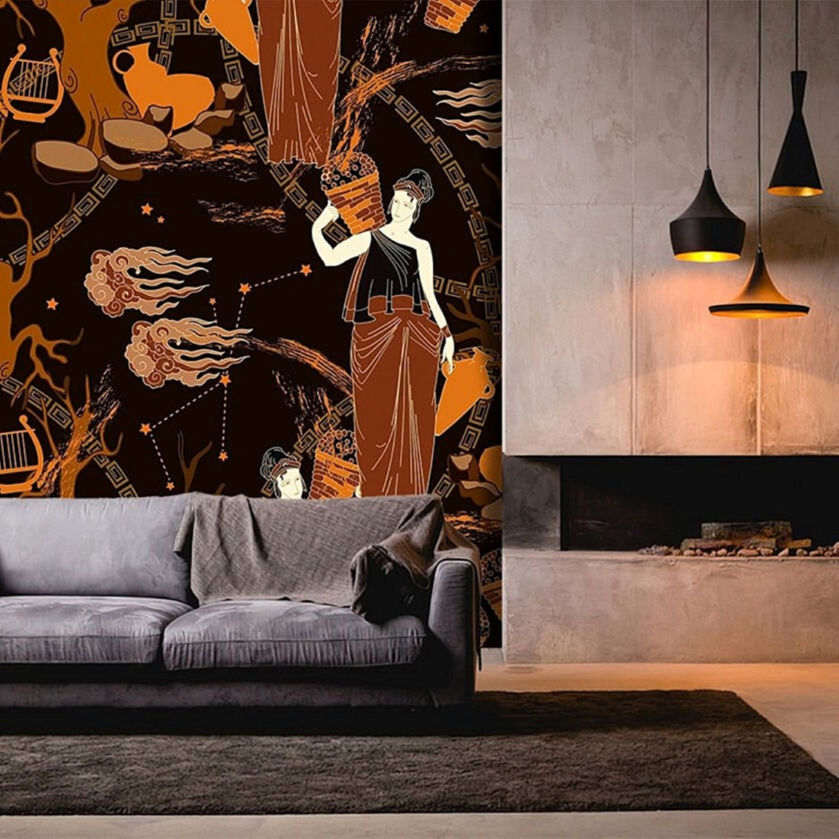 Ancient Greek Women & Lyre Wallpaper – Mythological Harmony Mural for Artistic Interiors  Description: