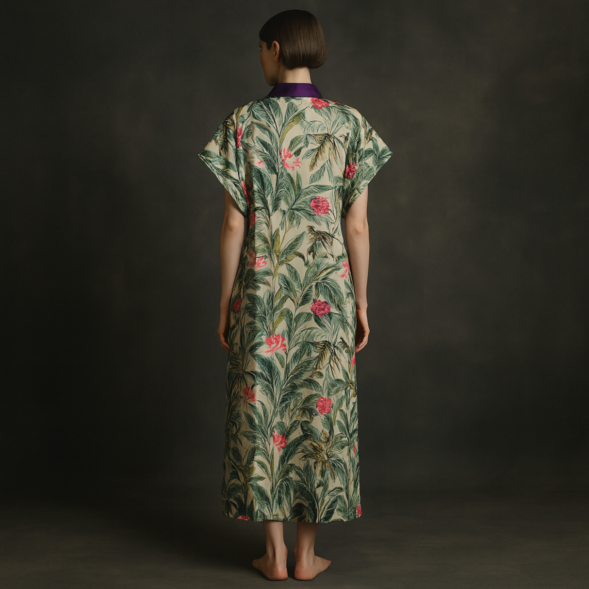 Azelle Kimono – Modern Bohem Lüksü İçin Koyu Mor Detaylar ve Tropikal Desenli Ters Yüzüyle Çift Taraflı El Dokuma İkat İpek-Pamuk Kimono