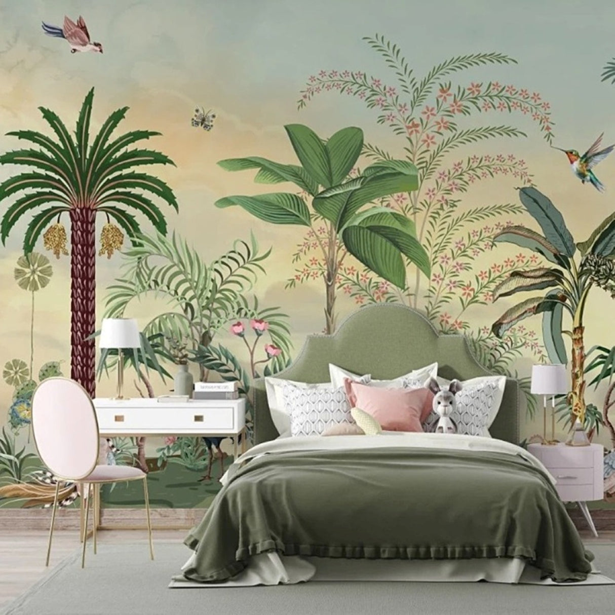 Papel pintado Tropical Dawn: disponible en versiones impresas y en relieve para interiores elegantes.