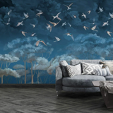 Papel pintado personalizado de golondrinas y aves marinas: mural artístico de cielo para interiores elegantes