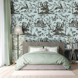Vintage Mint & Charcoal Toile Wallpaper – Artistic Pastoral Design for Elegant Interiors