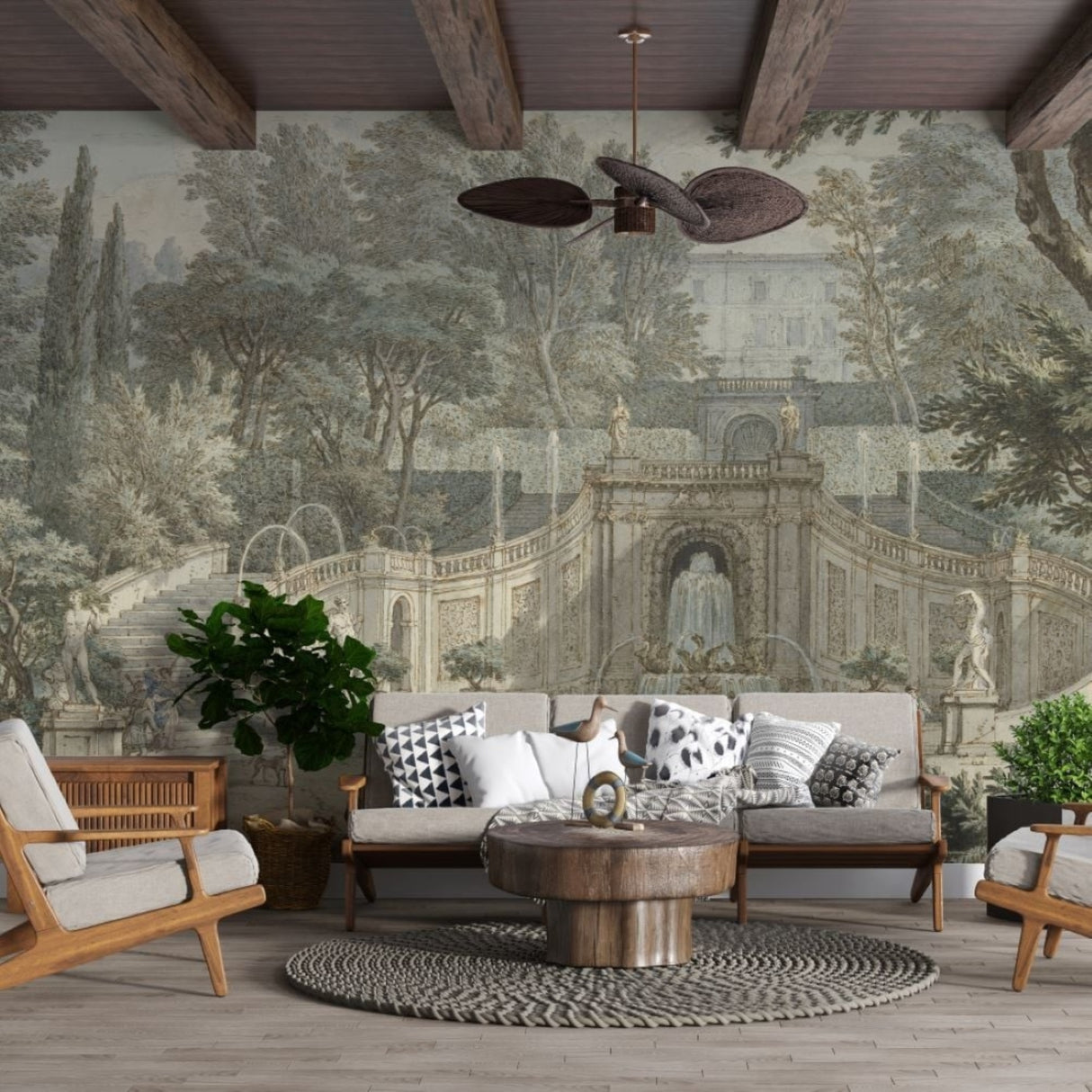 Palace Garden Staircase Wallpaper – Architectural Landscape Mural for Elegant Interiors