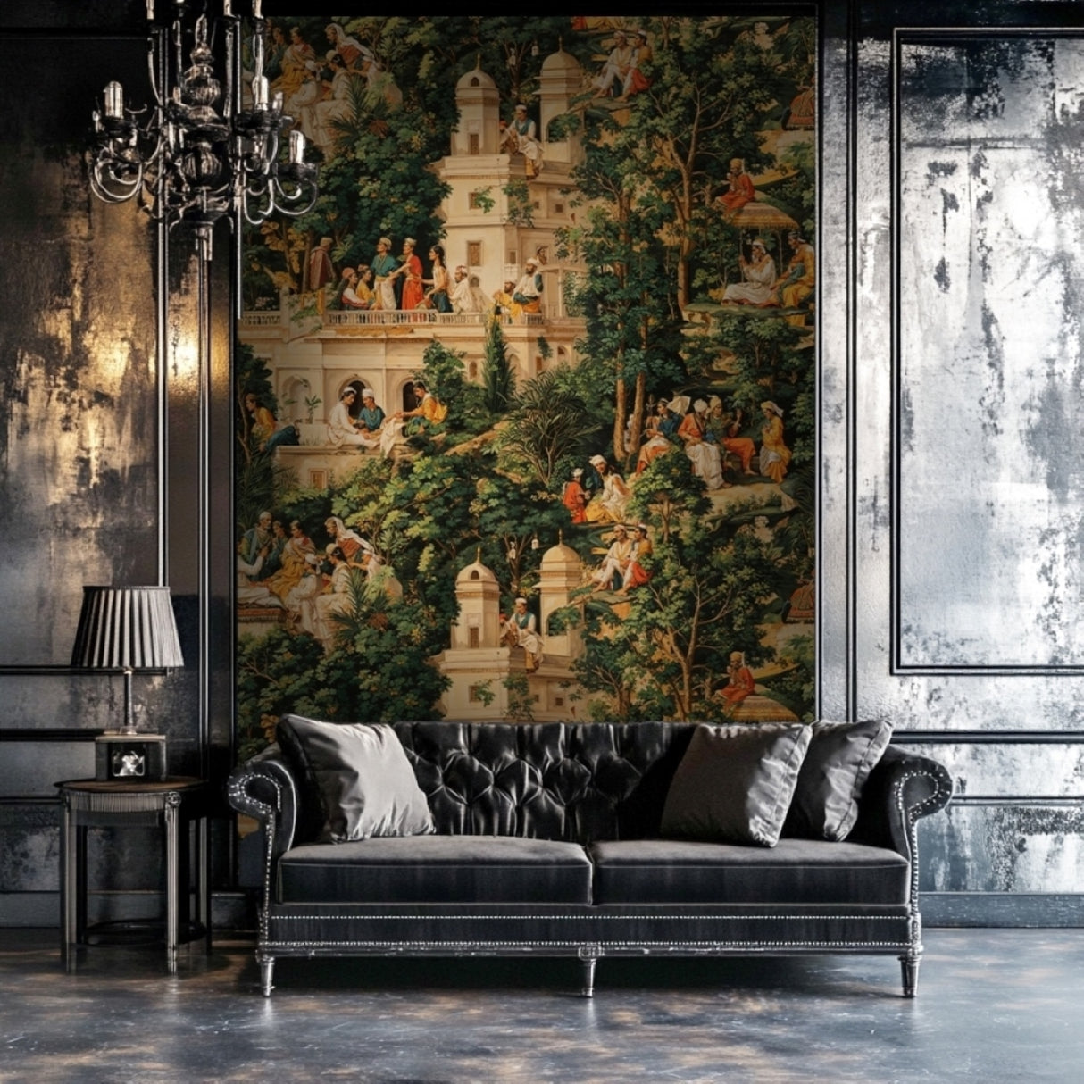 Mural de terraza oriental: disponible en versiones impresas y en relieve para interiores clásicos.