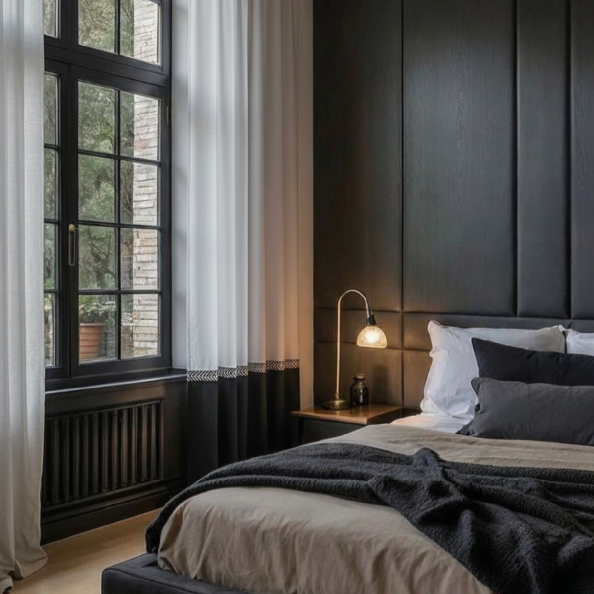 Boro – Cortina negra con borde geométrico en zigzag en blanco y negro – Para interiores modernos y decorativos