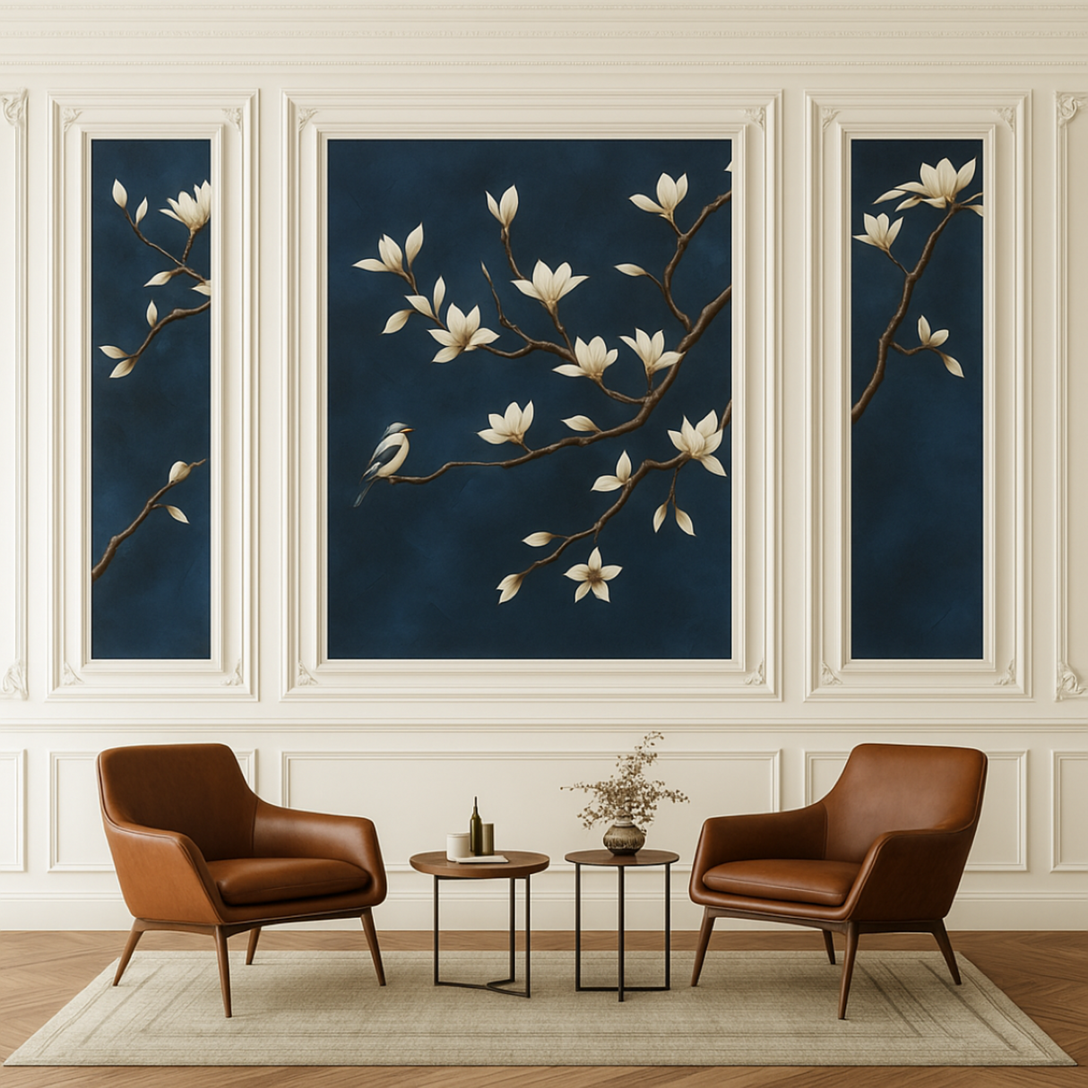 Midnight Magnolia Wallpaper – Elegant Floral Mural with Bird Motif for Serene Interiors