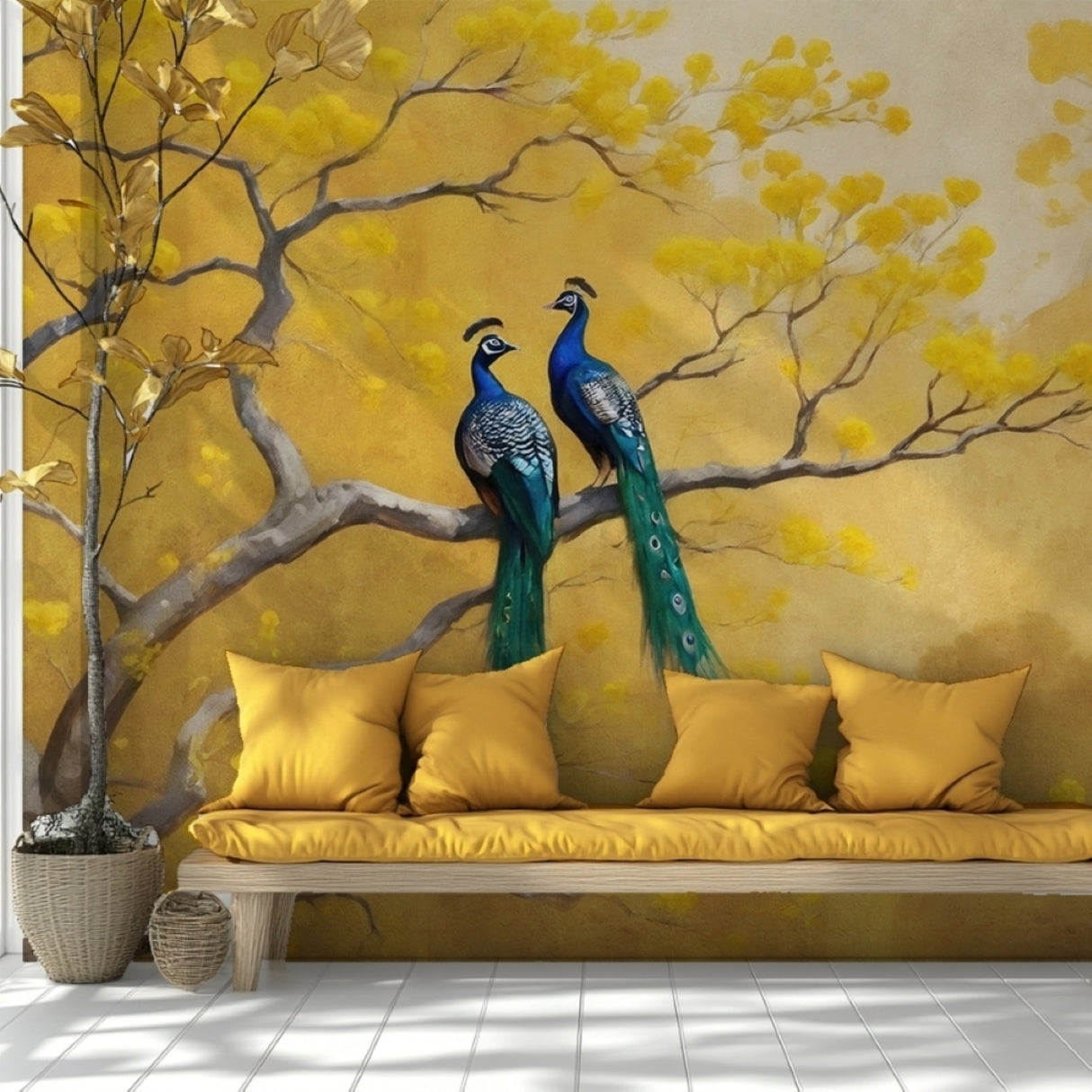 Golden Serenade Wallpaper – Elegant Peacock Mural For Artistic Interiors