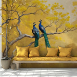 Golden Serenade Wallpaper – Elegant Peacock Mural For Artistic Interiors