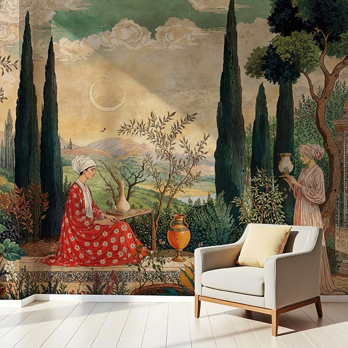Papel pintado Lady &amp; The Maid: disponible en versiones impresas y en relieve para interiores sofisticados.