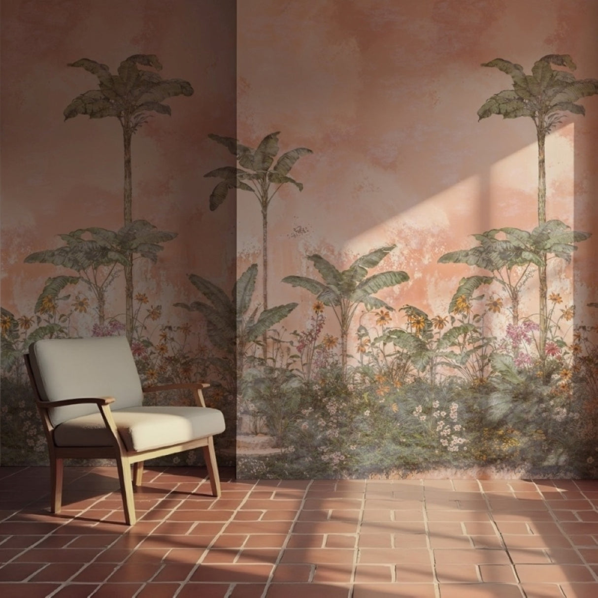 Terracotta Garden Mural Wallpaper – Tropical Bloom Design for Warm Interiors