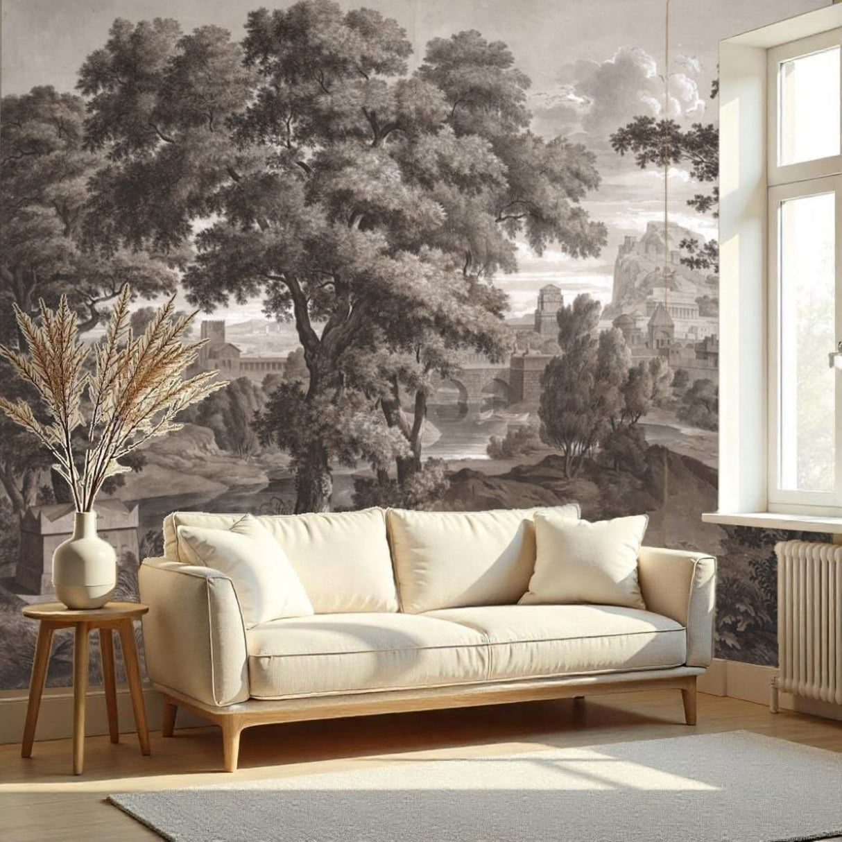 Pine Trees & Historic Bridge Wallpaper – Vintage Nature-Inspired Wall Décor for Timeless Interiors