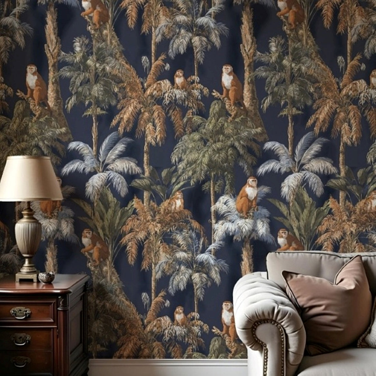 Golden Primates Wallpaper – Copper & Indigo Edition – Available In Printed And Embossed Versions For Eclectic Interiors