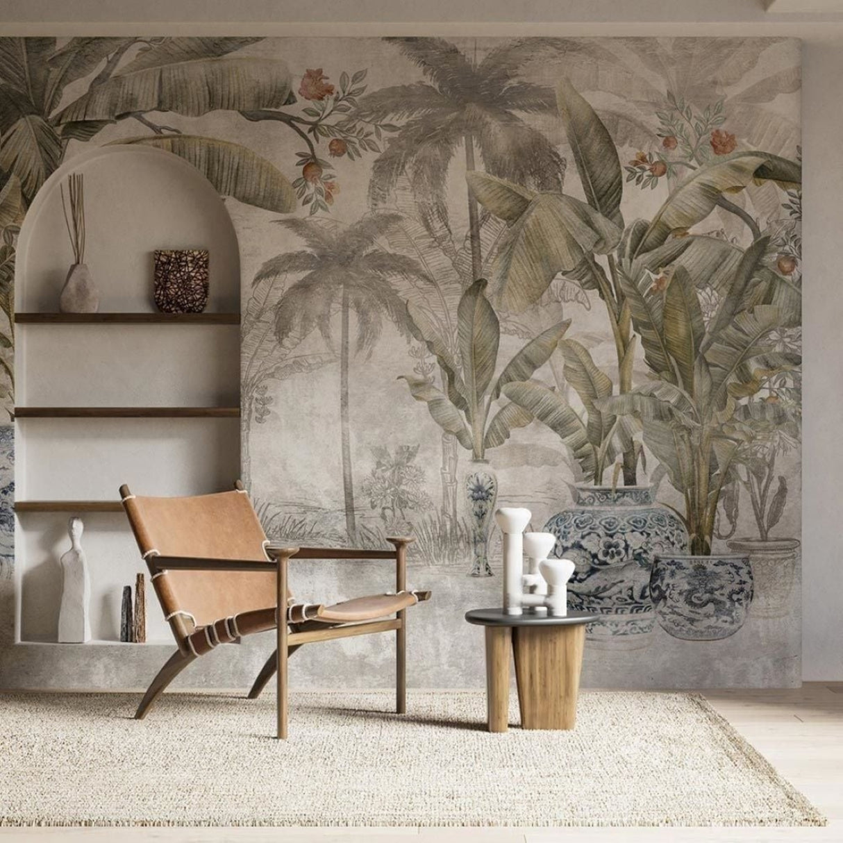 Chinoiserie Vases & Palms Mural Wallpaper – Available In Printed And Embossed Versions For Elegant Interiors