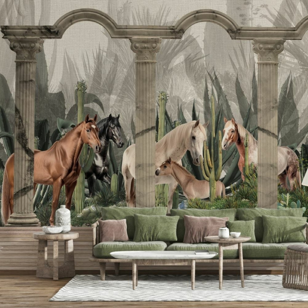 Papel pintado "Caballos salvajes junto a las columnas": mural artístico de naturaleza para interiores elegantes