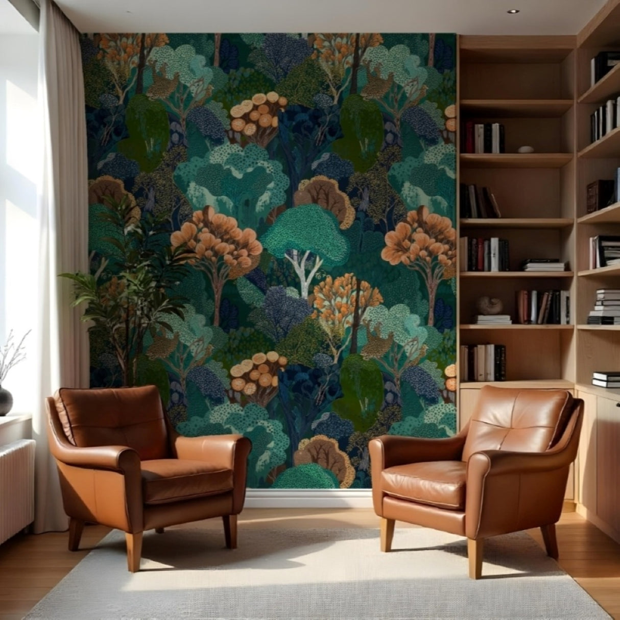 Papel pintado Botanical Reverie – Edición verde azulado y ámbar – Disponible en versiones impresas y en relieve para interiores contemporáneos