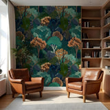 Papel pintado Botanical Reverie – Edición verde azulado y ámbar – Disponible en versiones impresas y en relieve para interiores contemporáneos