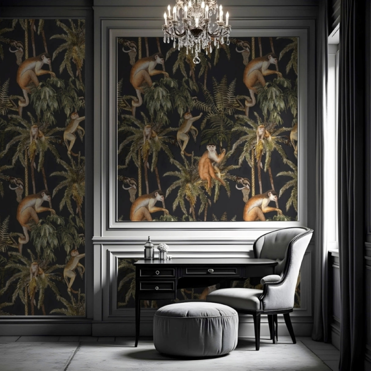 Golden Primates Wallpaper – Sepia & Charcoal Edition – Available In Printed And Embossed Versions For Eclectic Interiors