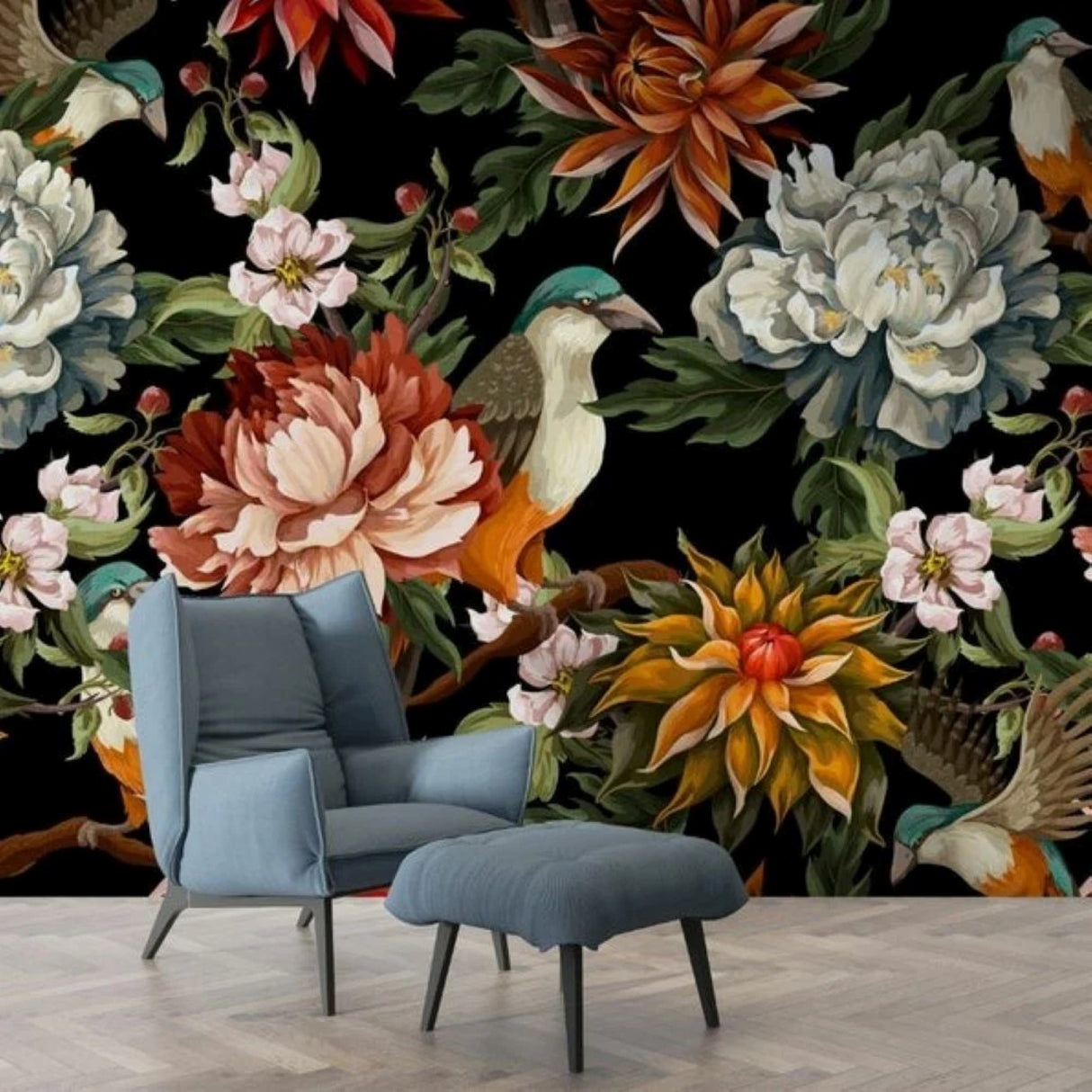 Midnight Bloom Wallpaper – Exotic Flora & Fauna Tapestry – Available in Printed and Embossed Versions for Opulent & Moody Interiors