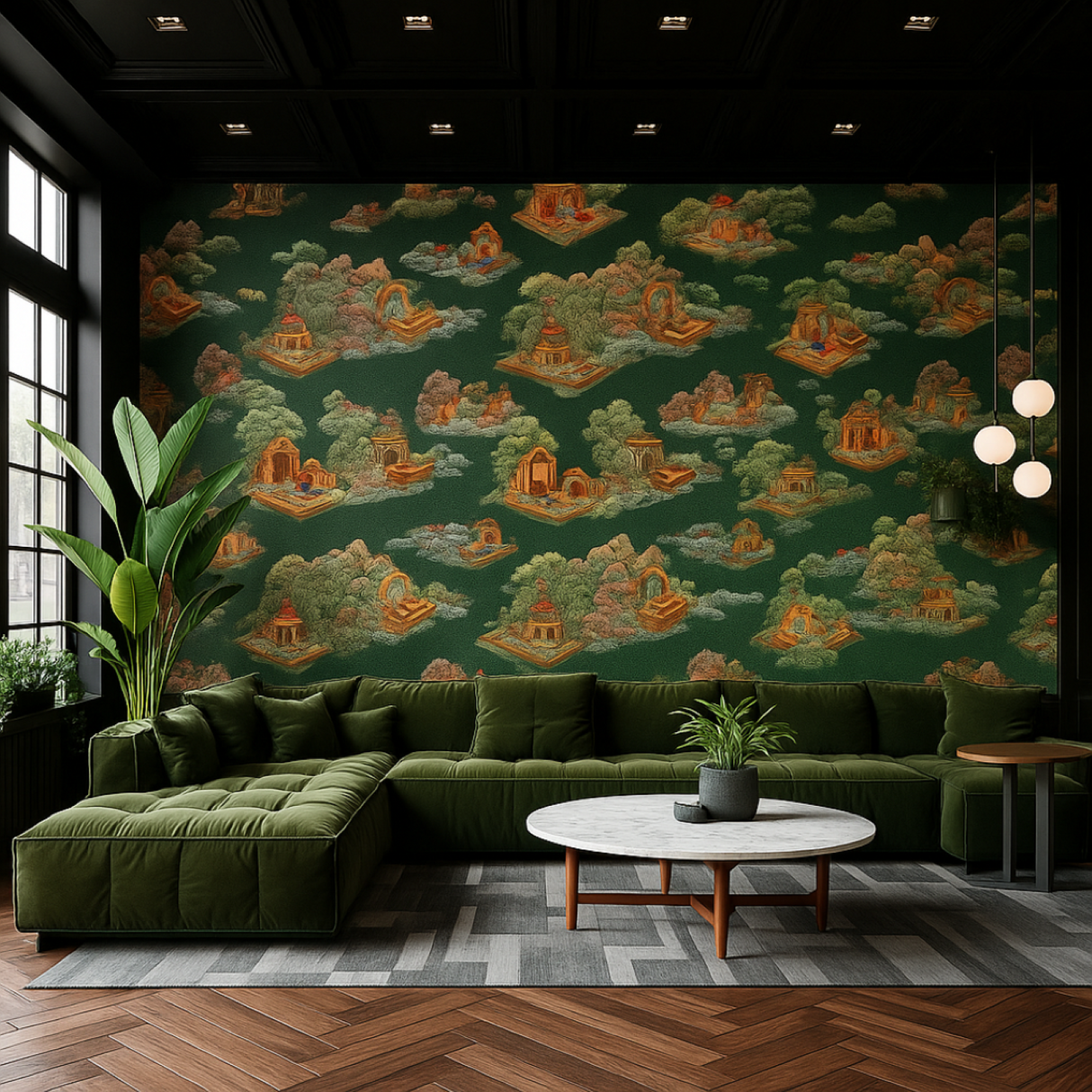 Floating Pavilions Wallpaper – Celestial Green Harmony – Available in Printed and Embossed Versions For Refined Interiors