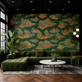 Floating Pavilions Wallpaper – Celestial Green Harmony – Available in Printed and Embossed Versions For Refined Interiors