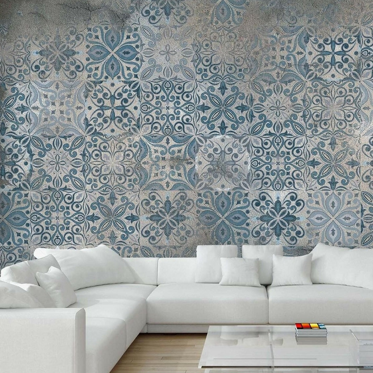 Blue Patterned Tiles Wallpaper – Vintage Mediterranean Wall Décor for Bright, Timeless Interiors