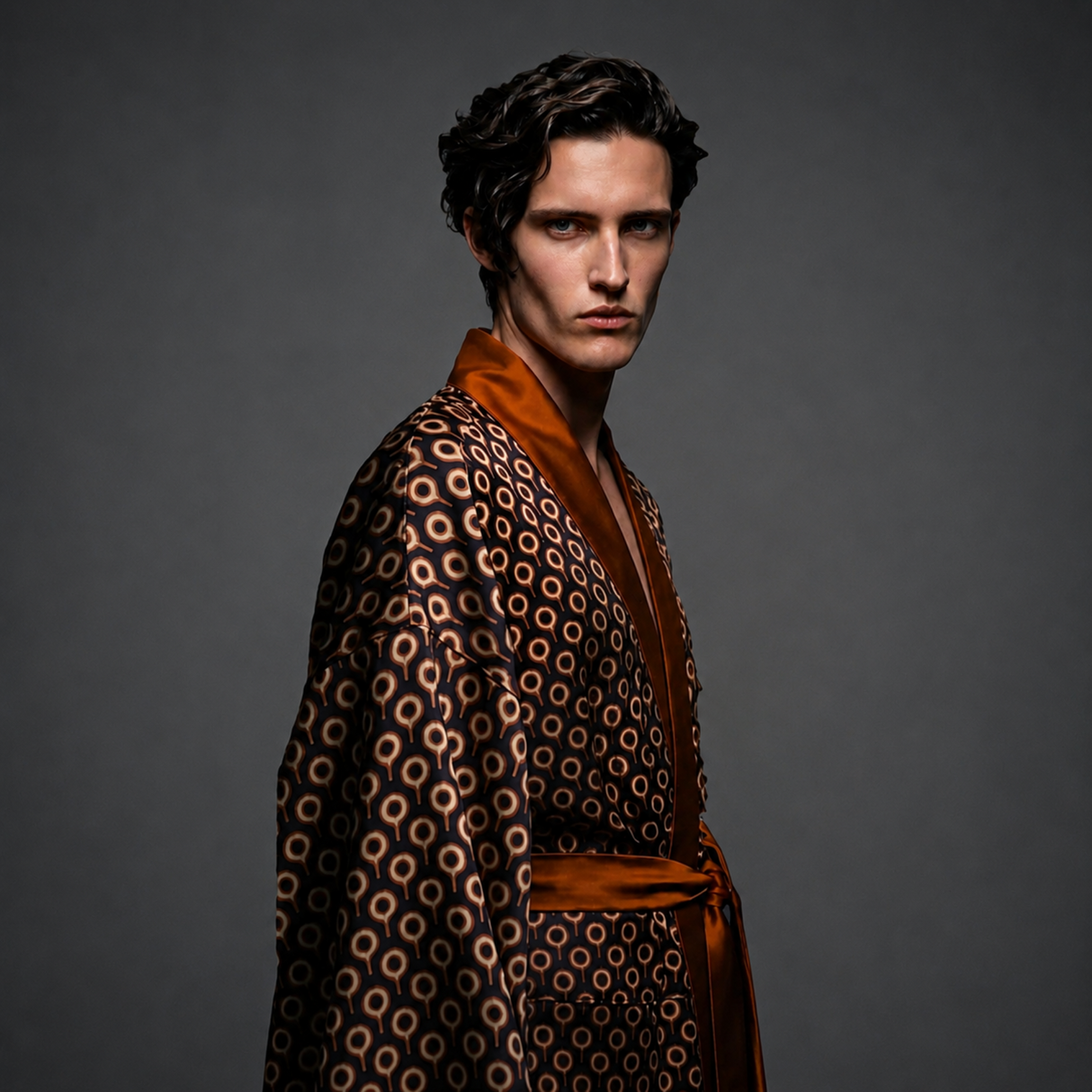 Omna Bronze Unisex Kimono – Geometric Patterned Suede Kimono with Burnished Satin Trim for Modern Refined Elegance