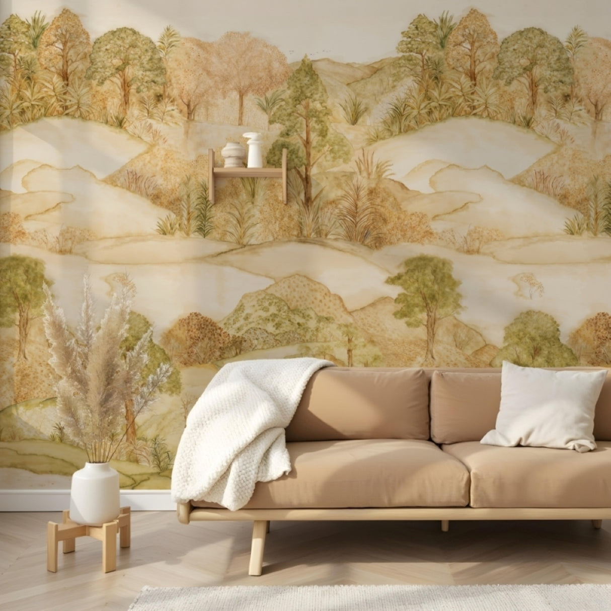 Amber Hills Mural Wallpaper – Hand-Painted Landscape for Elegant Interiors